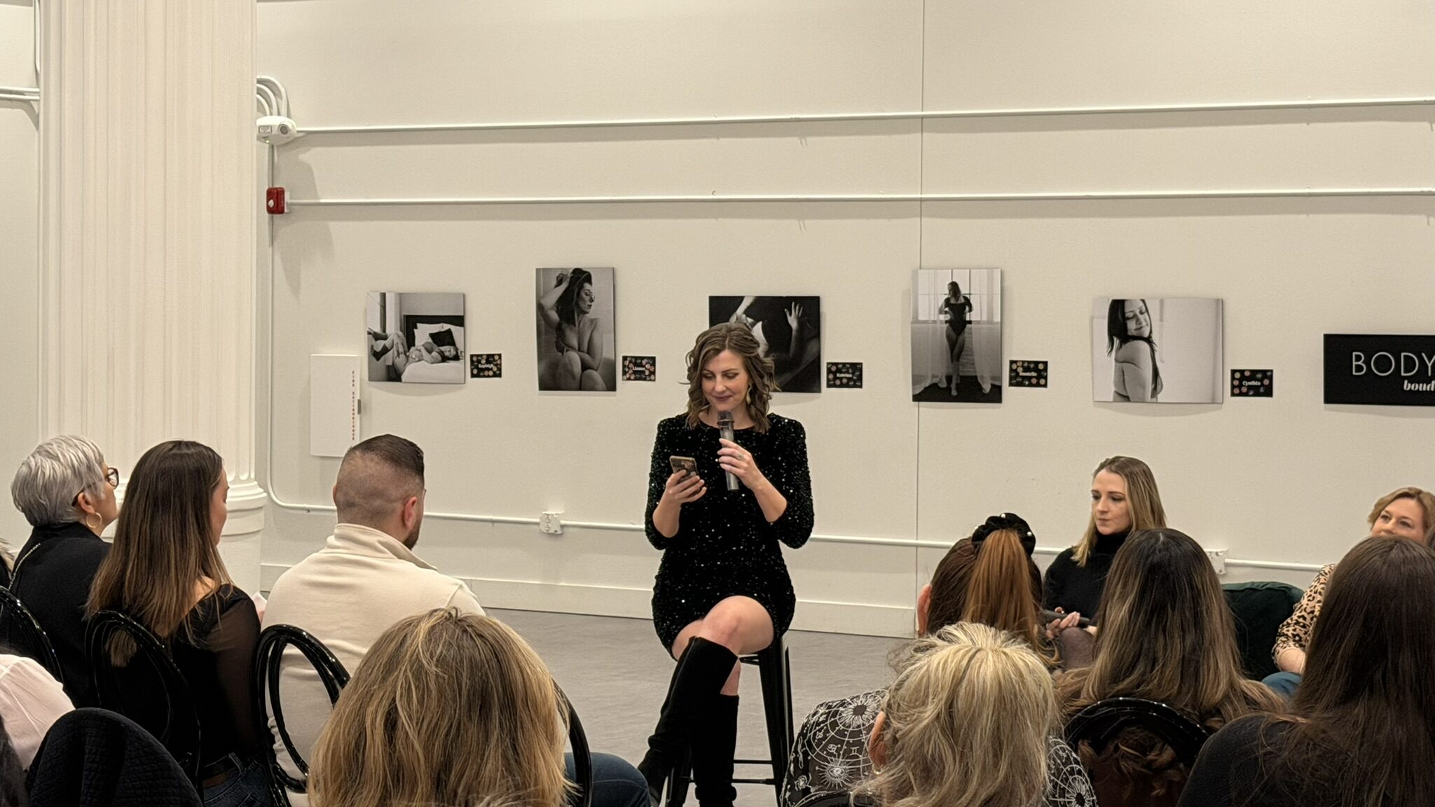 Black-and-white boudoir portraits displayed gallery-style at Franklin on Penn during the 30 Over 30 art and empowerment event benefiting PAAR at Franklin on Penn in Pittsburgh.