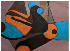 Interior view of Del Caimán in Pittsburgh’s Strip District featuring raw plywood floors, gestural painted walls, contemporary Cuban artwork, and a minimalist gallery setting.